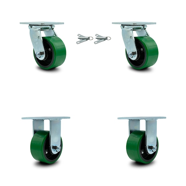 4 Inch Green Poly on Steel Caster Set with Ball Bearings 2 Swivel Lock 2 Rigid